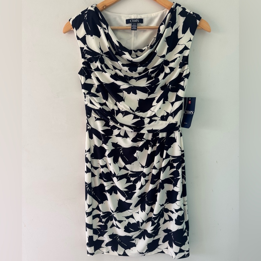 NEW Chaps Black White Floral Women's drape neck Dress petite small stretchy NWT